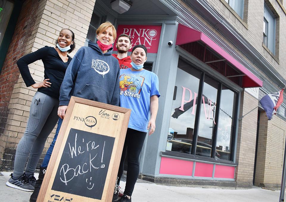 Pink Bean is welcoming customers back to its Fall River location. Seen here from left are Porcha King, Bonnie Souza, Michael Buckley and Beth Cioe.