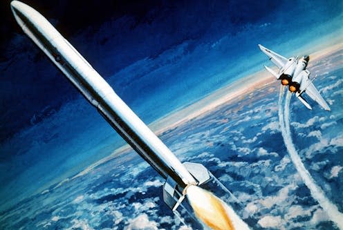 <span class="caption">A military artist's concept of an anti-satellite missile being launched from an F-15 Eagle aircraft. </span> <span class="attribution"><a class="link " href="https://www.shutterstock.com/image-illustration/1983-military-artists-concept-antisatellite-missile-244401808" rel="nofollow noopener" target="_blank" data-ylk="slk:Everett Collection/Shutterstock;elm:context_link;itc:0;sec:content-canvas">Everett Collection/Shutterstock</a></span>