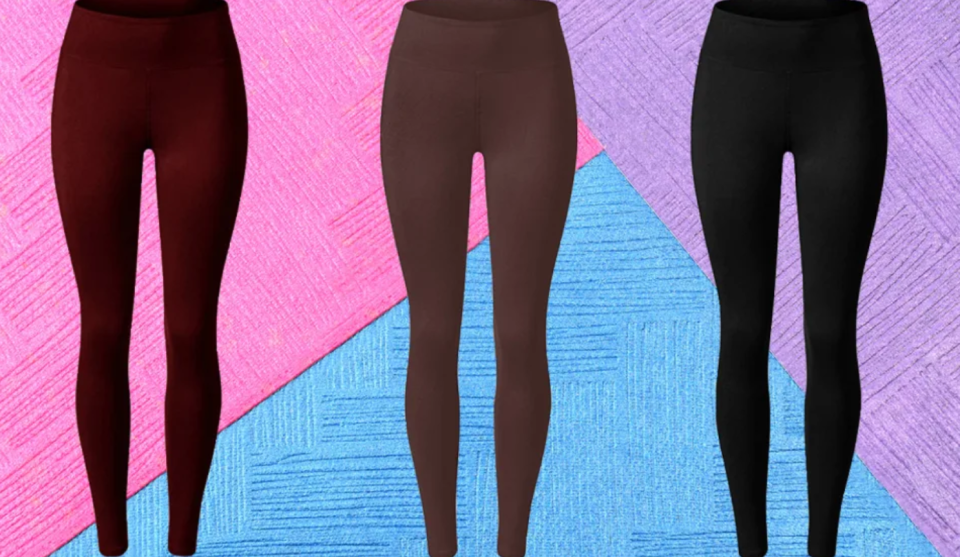 various leggings in burgundy, brown, and black