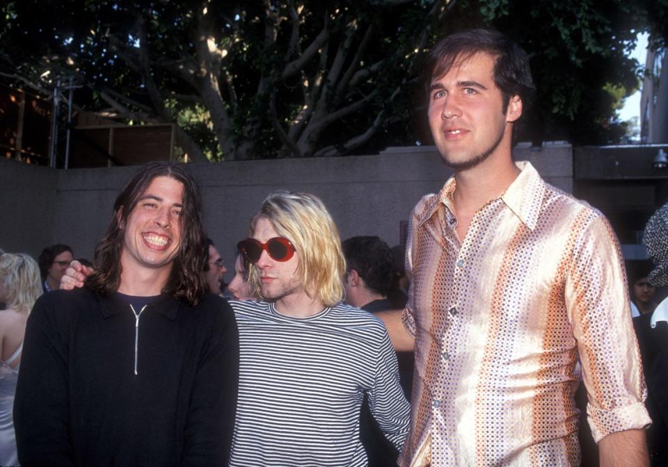 <p>Dave Grohl, Kurt Cobain and Krist Novoselic of Nirvana attend the 10th Annual MTV Video Music Awards in Universal City, CA.</p>