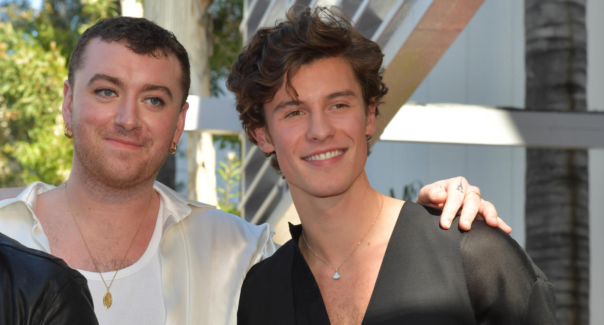 Sam Smith, and Shawn Mendes attend Sir Lucian Grainge Honoured with Star on the Hollywood Walk of Fame at Hollywood Walk Of Fame on January 23, 2020 in Hollywood, California. (Photo by Lester Cohen/Getty Images for Universal Music Group)