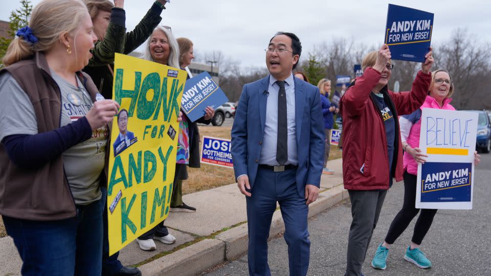 New Jersey Rep. Andy Kim greets supporters outside the Bergen County Democratic convention in Paramus on March 4, 2024. - Seth Wenig/AP