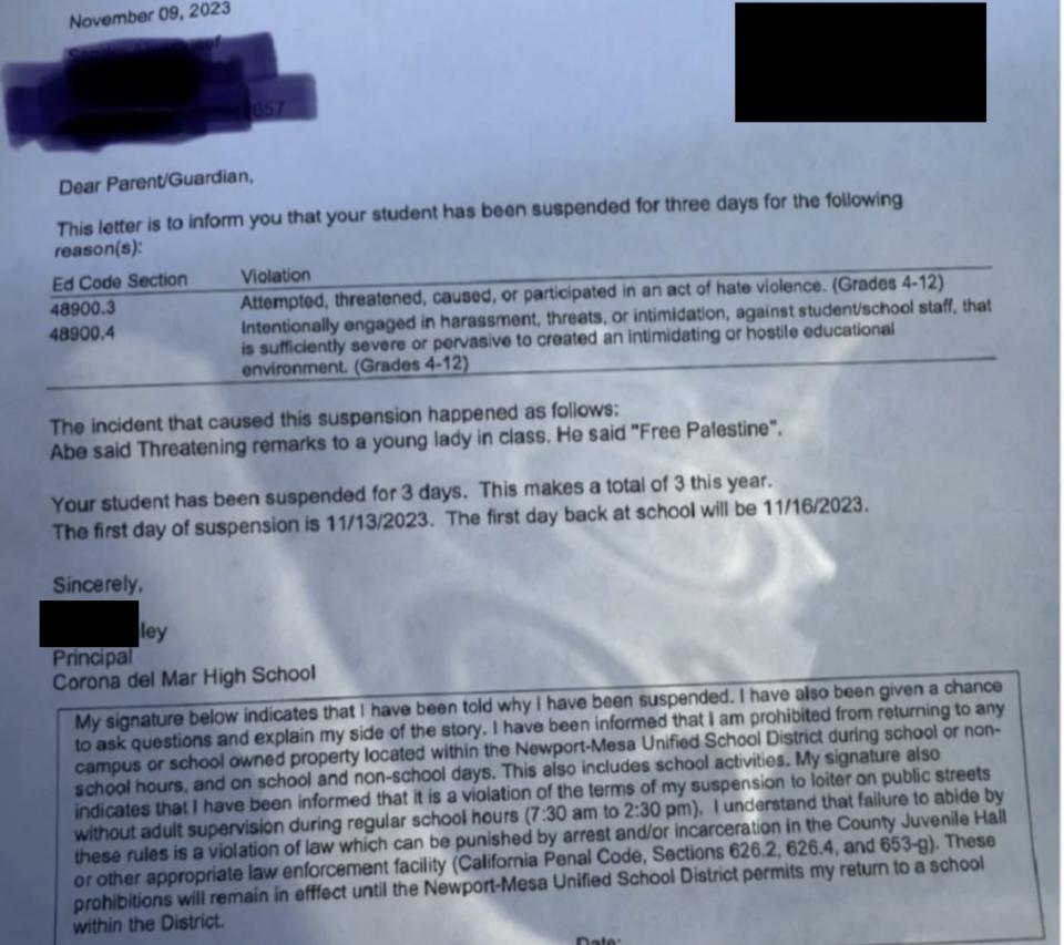 Image contains a letter from a school regarding a student's suspension, with details of the offense and appeal instructions