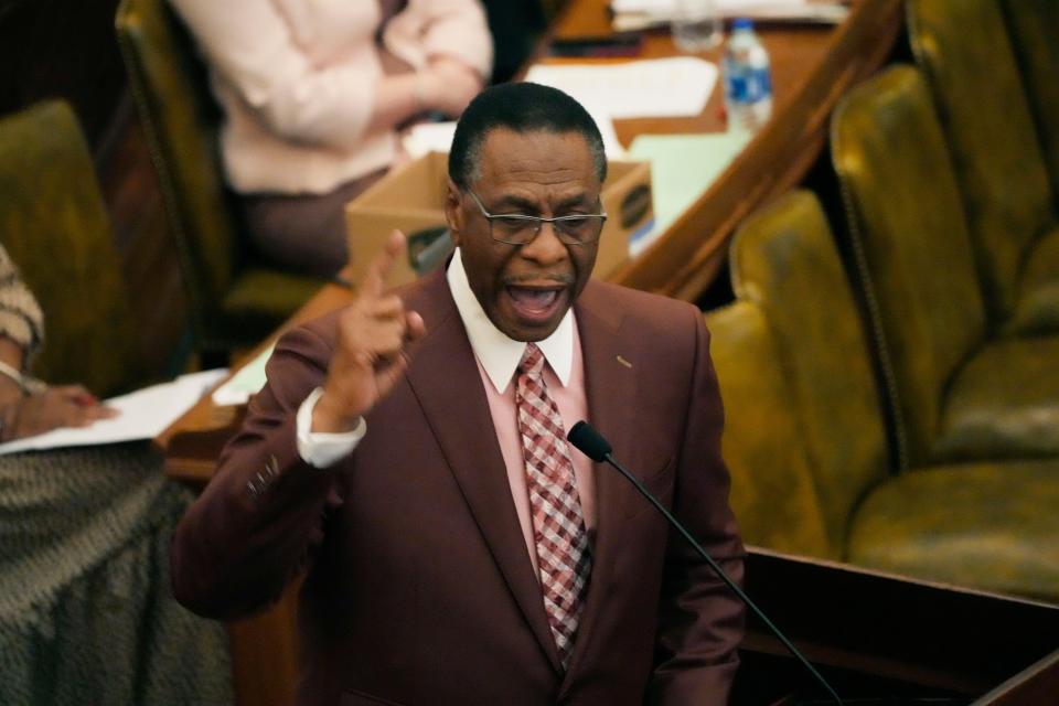 Rep. Ed Blackmon, D-Canton speaks against passage of the controversial Jackson Capitol Complex Improvement District bill in the House Chamber on Friday in Jackson.
