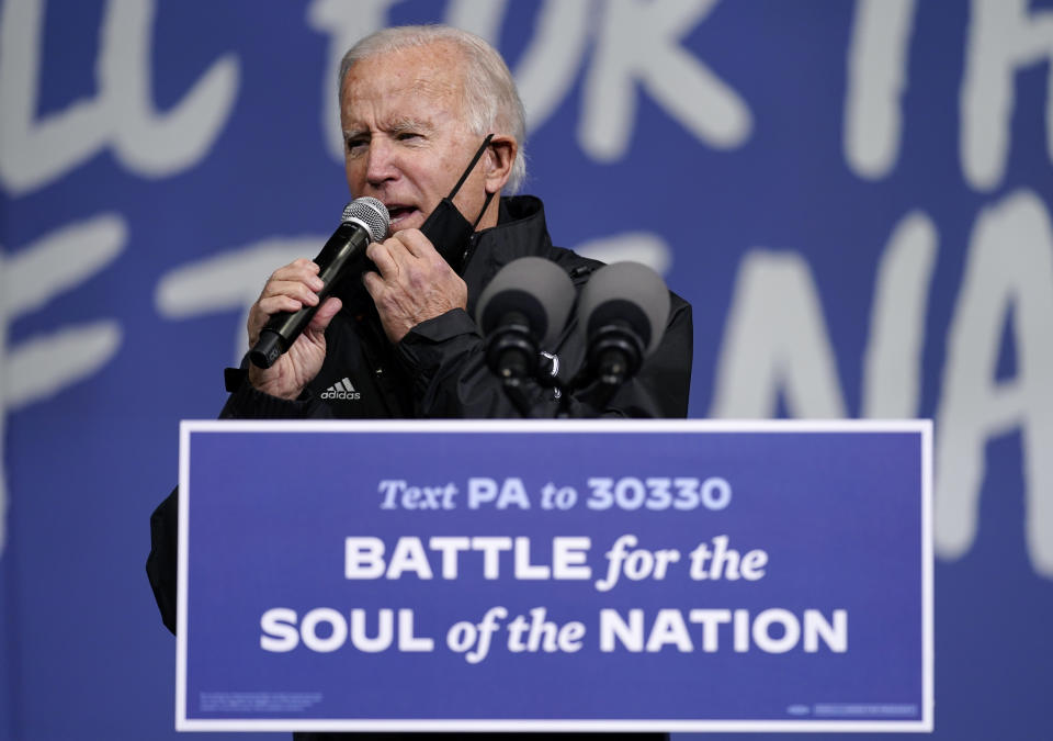 Democratic presidential candidate former Vice President Joe Biden arrives to speak at a "Souls to the Polls" drive-in rally at Sharon Baptist Church, Sunday, Nov. 1, 2020, in Philadelphia. (AP Photo/Andrew Harnik)