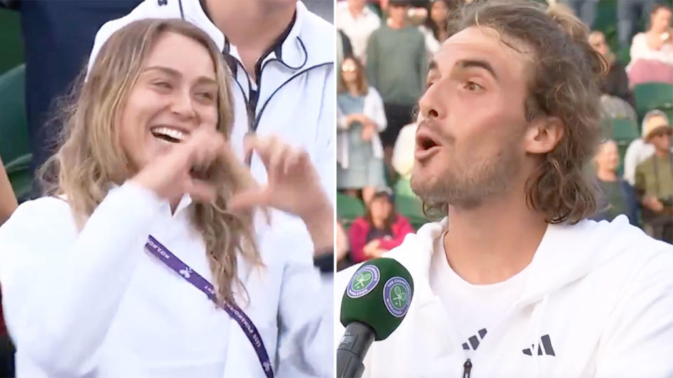 Pictured right is Stefanos Tsitsipas addressing his girlfriend Paula Badosa at Wimbledon.