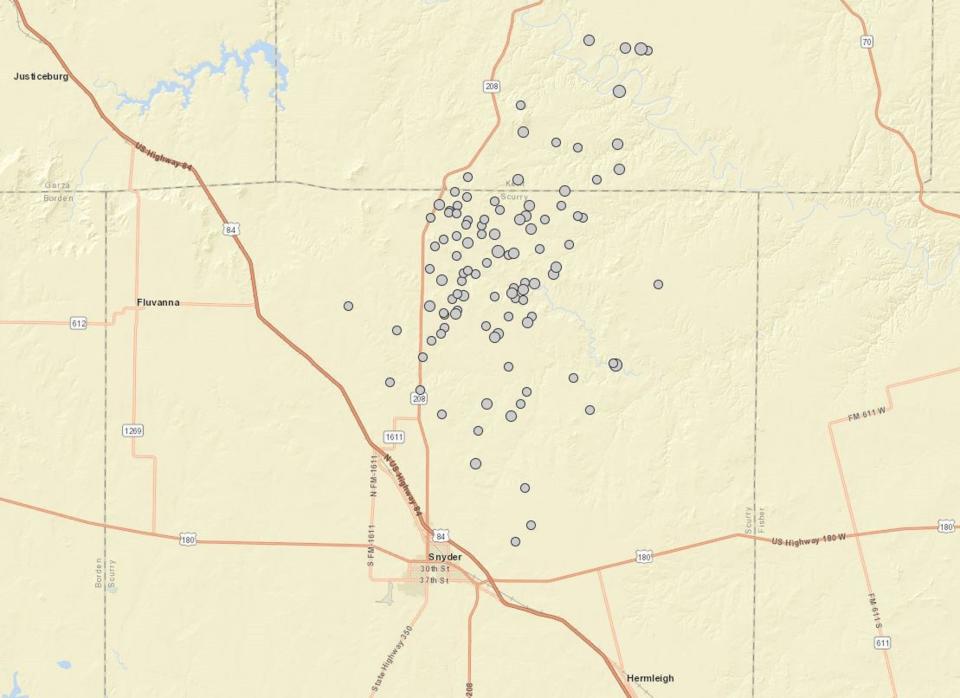 A map showing previous earthquake activity in the Scurry County area.