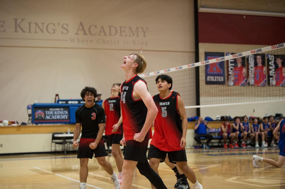 Seminole Ridge boys volleyball's Owen Holowecky (14) celebrates against King's Academy in a region final in West Palm Beach on Tuesday, May 14, 2024.