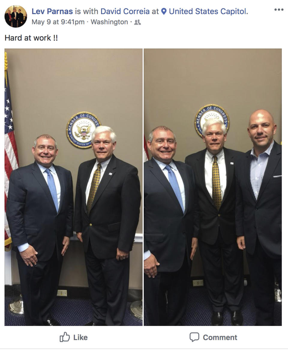 This Facebook screen shot provided by The Campaign Legal Center, shows in the left photo, Lev Parnas, left, with former Rep. Pete Sessions, R-Texas. In the right photo from left are Lev Parnas, former Rep. Pete Sessions, R-Texas and David Correia, on Capitol Hill in Washington, posted on May 9, 2018. (The Campaign Legal Center via AP)