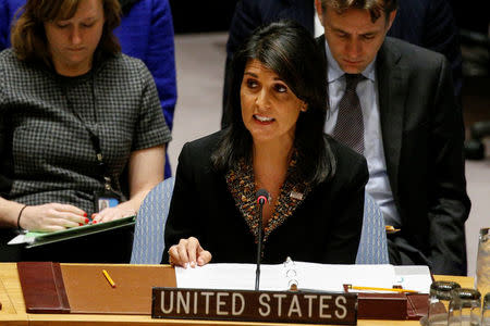 U.S. Ambassador to the United Nations Nikki Haley speaks during the United Nations Security Council meeting on the situation in the Middle East, including Palestine, at U.N. Headquarters in New York City, New York, U.S., December 18, 2017. REUTERS/Brendan McDermid