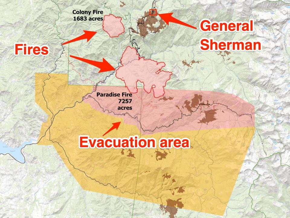 arrows on a map point to the location of the Colony and Paradise fires, and the location of General Sherman