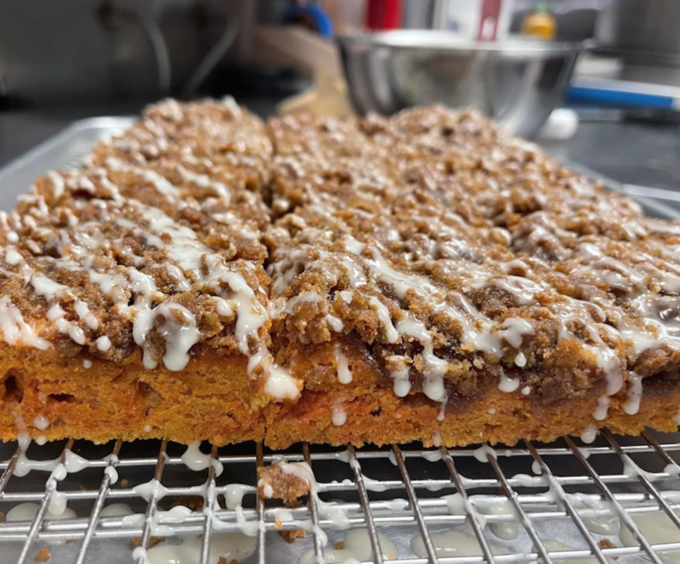 <p>Innocent Yesterday Bakery</p><p>This pumpkin spice coffee cake is perfectly spiced, has crunchy streusel on top with a creamy glaze and sweet and moist cake on the bottom. Super easy to make and the ultimate fall dessert! </p><p><strong>Get the recipe: <a href="https://parade.com/1272407/kelli-acciardo/pumpkin-spice-coffee-cake-with-streusel-topping/" rel="nofollow noopener" target="_blank" data-ylk="slk:Pumpkin Spice Coffee Cake with Streusel Topping;elm:context_link;itc:0;sec:content-canvas" class="link "><em>Pumpkin Spice Coffee Cake with Streusel Topping</em></a></strong></p>