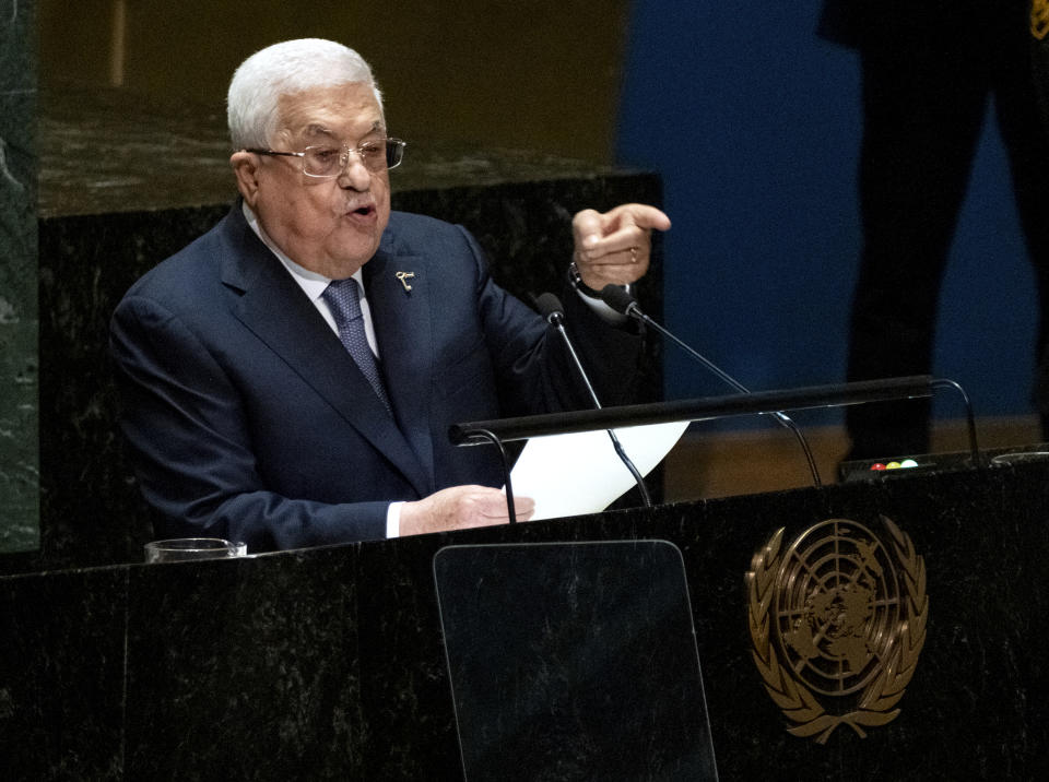 Palestinian President Mahmoud Abbas addresses the 78th session of the United Nations General Assembly, Thursday, Sept. 21, 2023. (AP Photo/Craig Ruttle)