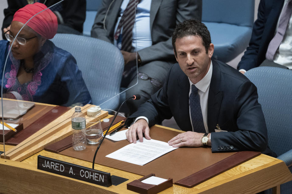 Jared Cohen, founder and CEO of Jigsaw at Alphabet Inc and Senior Fellow at the Council on Foreign Relations, speaks during a meeting of the U.N. Security Council on maintenance of peace and security in Ukraine, Tuesday, June 21, 2022, at United Nations headquarters. (AP Photo/John Minchillo)