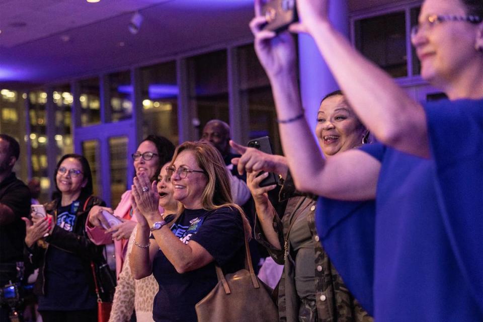 Supporters celebrate at the Meck Dems 2023 Election Night Watch Party at the Mint Museum in Charlotte, N.C., on Tuesday, November 7, 2023.