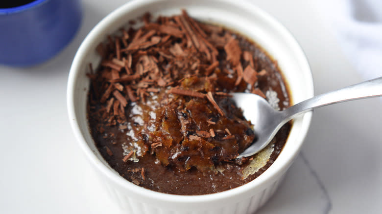 chocolate mocha crème brûlée with spoon in ramekin