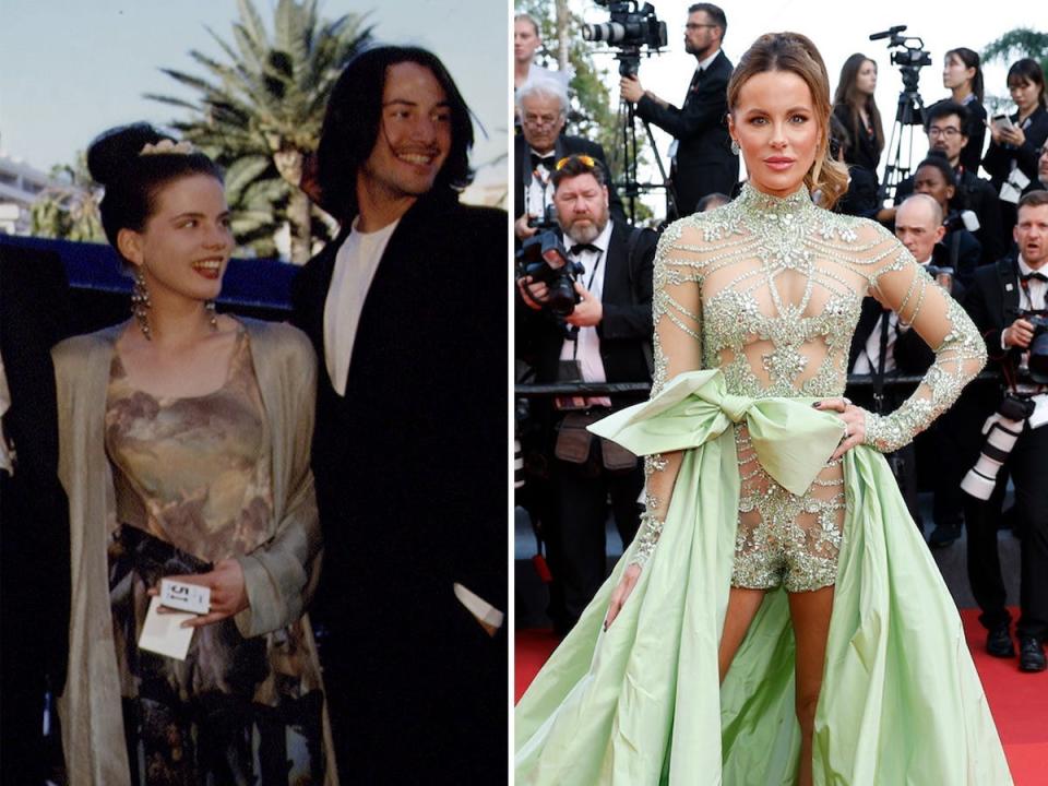 A side-by-side of Kate Beckinsale and Keanu Reeves in 1993 and Kate Beckinsale in 2023.