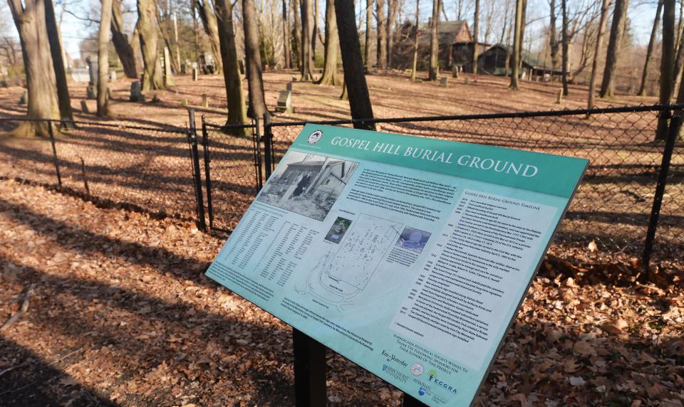 A marker details the history and layout of the Gospel Hill Burial Ground in Harborcreek Township.