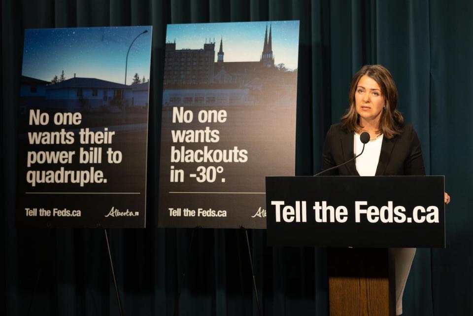 Alberta Premier Danielle Smith warned of a literally bleak future in a province that was subject to proposed federal Clean Electricity Regulations. (Government of Alberta - image credit)