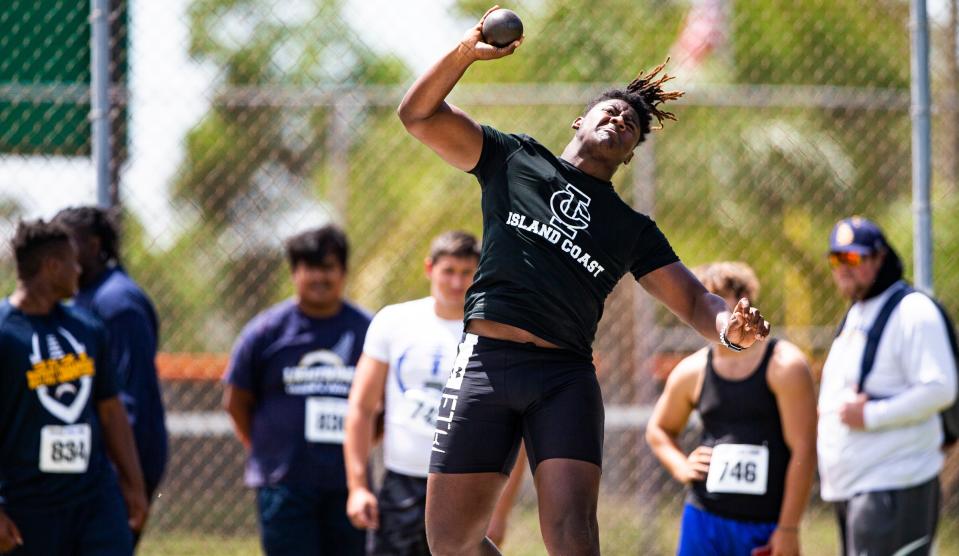 Keon Anderson, from Island Coast High School participates in the shot put during the Lee County Athletic Conference Championships at Dunbar High School on Saturday, April 9, 2022. He won.