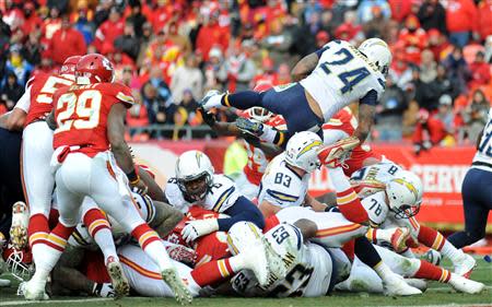 Nov 24, 2013; Kansas City, MO, USA; San Diego Chargers running back Ryan Mathews (24) scores a touchdown during the second half of the game against the Kansas City Chiefs at Arrowhead Stadium. The Chargers won 41-38. Mandatory Credit: Denny Medley-USA TODAY Sports