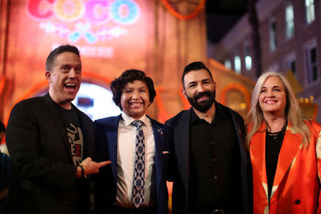 (L-R) Director Lee Unkrich, Anthony Gonzalez, who plays the voice of Miguel, co-director/screenwriter Adrian Molina and producer Darla K. Anderson attends Disney-Pixar's U.S. premiere of "Coco" in the Hollywood section of Los Angeles, California, U.S. November 8, 2017. REUTERS/David McNew/Files