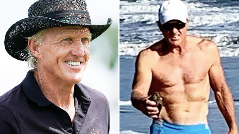 Greg Norman, pictured here at the beach with his dog.