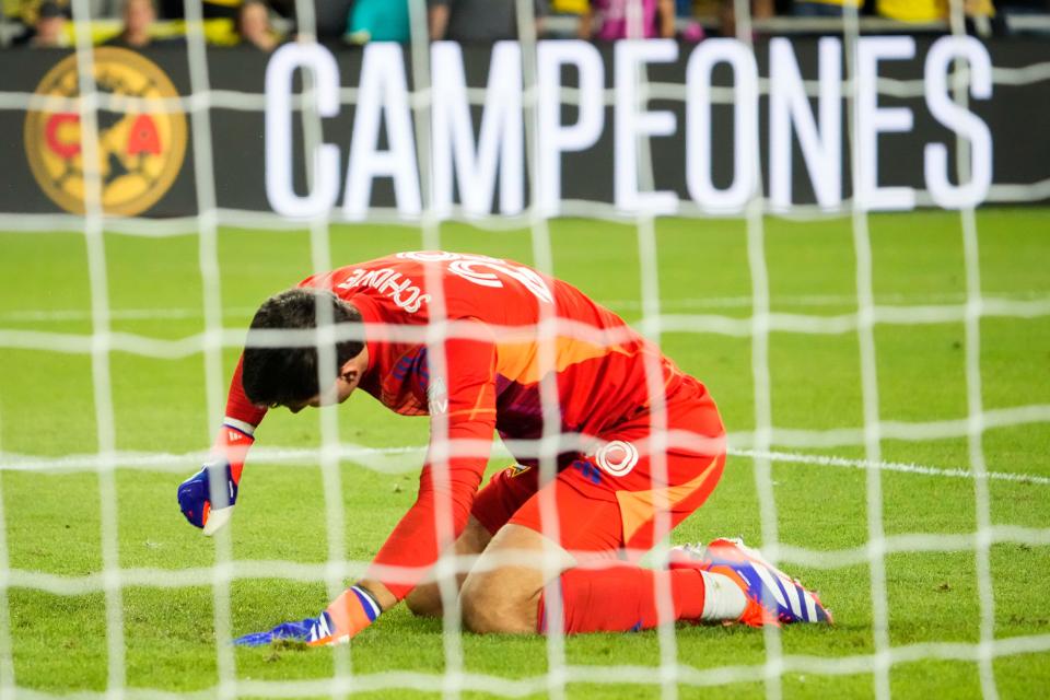 Sep 25, 2024; Columbus, Ohio, USA; Columbus Crew goalkeeper Patrick Schulte (28) reacts after missing a shot during penalty kicks of the Campeones Cup Final against Club América at Lower.com Field. The Crew lost 5-4.