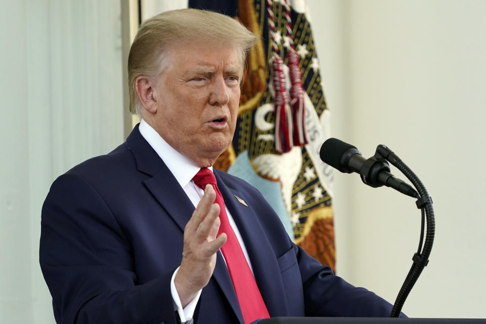 President Donald Trump speaks during a news conference on the North Portico of the White House, Monday, Sept. 7, 2020, in Washington. (AP Photo/Patrick Semansky)