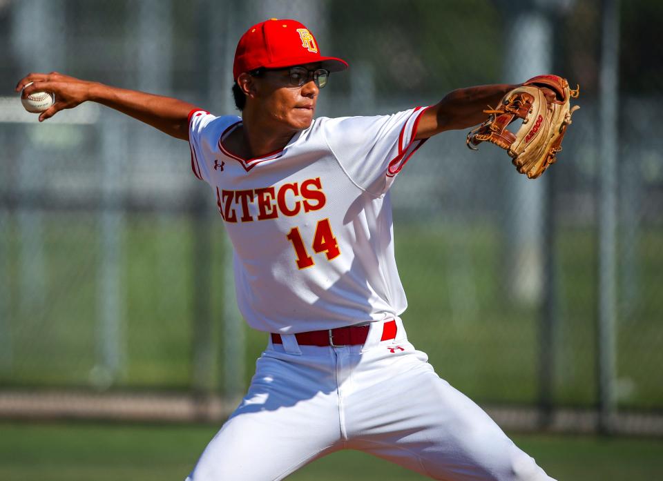 Palm Desert's Sebastian Morales (14) delivers a pitch during their second round CIF-SS Division 4 game in Palm Desert, Calif., Tuesday, May 7, 2024.