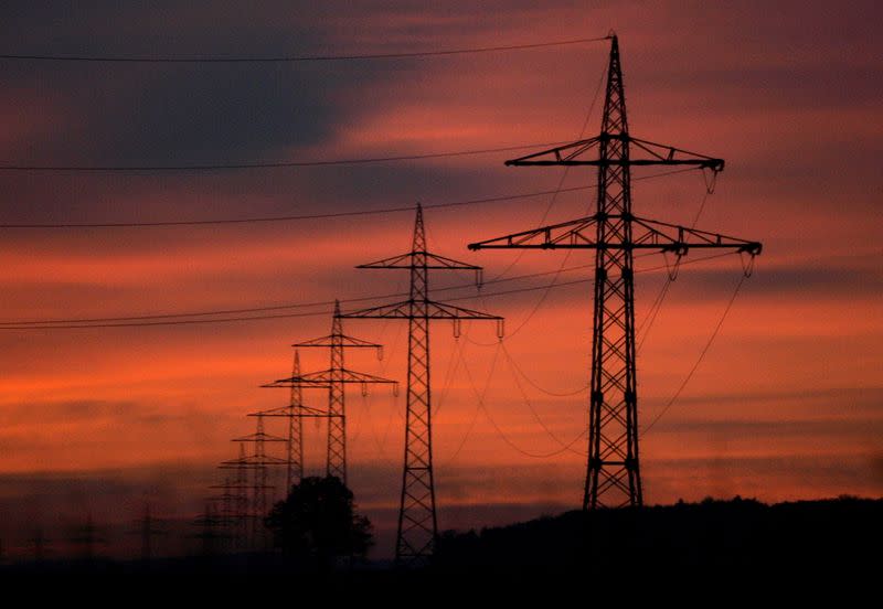 FILE PHOTO: High-voltage power lines are seen during sunset near Ulm