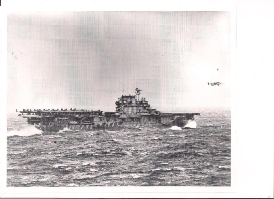 A B-25 bomber takes off from the USS Hornet.