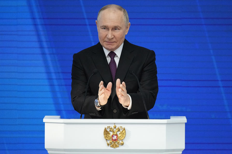 Russian President Vladimir Putin delivers his state-of-the-nation address in Moscow, Russia, Thursday, Feb. 29, 2024. (AP Photo/Alexander Zemlianichenko)