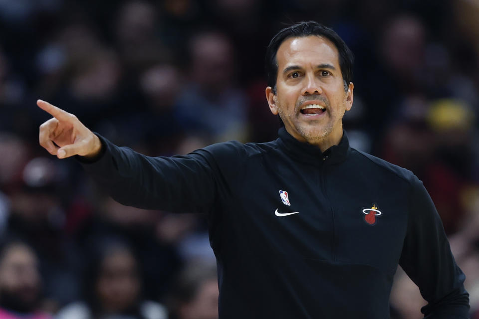 Miami Heat head coach Erik Spoelstra directs his team against the Cleveland Cavaliers during the second half of an NBA basketball game, Sunday, Nov. 20, 2022, in Cleveland. (AP Photo/Ron Schwane)