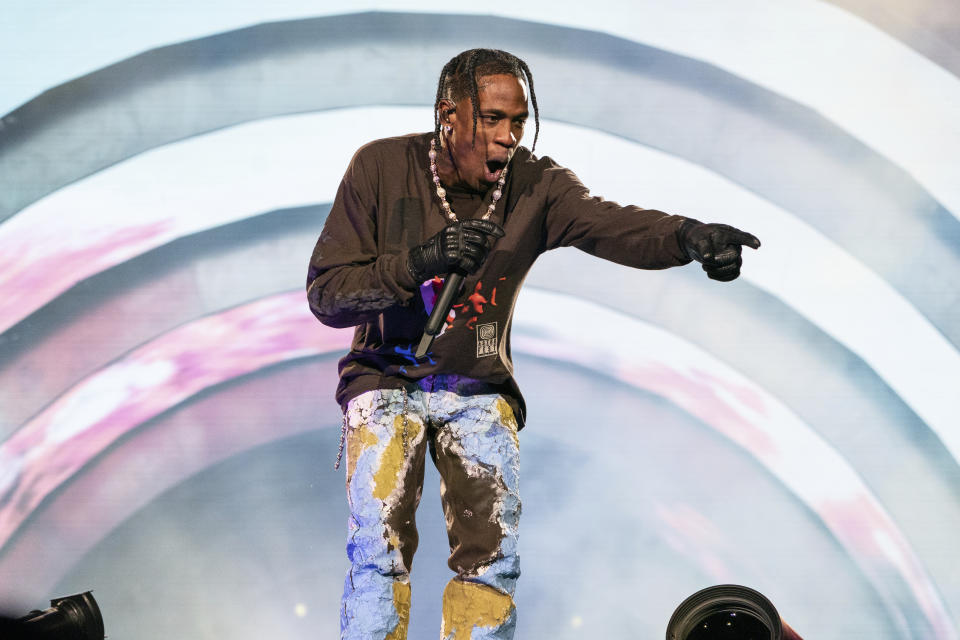 Travis Scott performs on day one of the Astroworld Music Festival at NRG Park on Friday, Nov. 5, 2021, in Houston. (Photo by Amy Harris/Invision/AP)