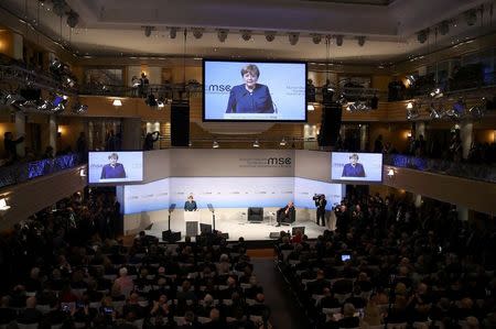 German Chancellor Angela Merkel delivers her speech during the 53rd Munich Security Conference in Munich, Germany, February 18, 2017. REUTERS/Michael Dalder