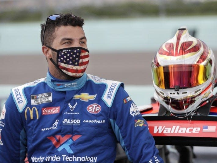 FILE PHOTO: Jun 14, 2020; Homestead, Florida, USA; Driver Bubba Wallace waits for the start of the NASCAR Cup series race at Homestead-Miami Speedway. Mandatory Credit: Wilfredo Lee/Pool Photo via USA TODAY Network
