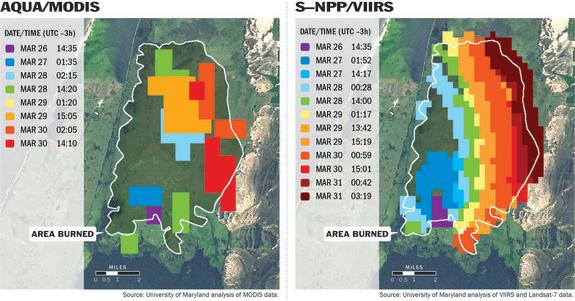 Satellites that track wildfires provide different levels of detail. The image at left, produced from the MODIS instrument aboard NASA's Aqua satellite, uses 1-kilometer pixels (slightly more than half a mile across) to approximate a fire burnin