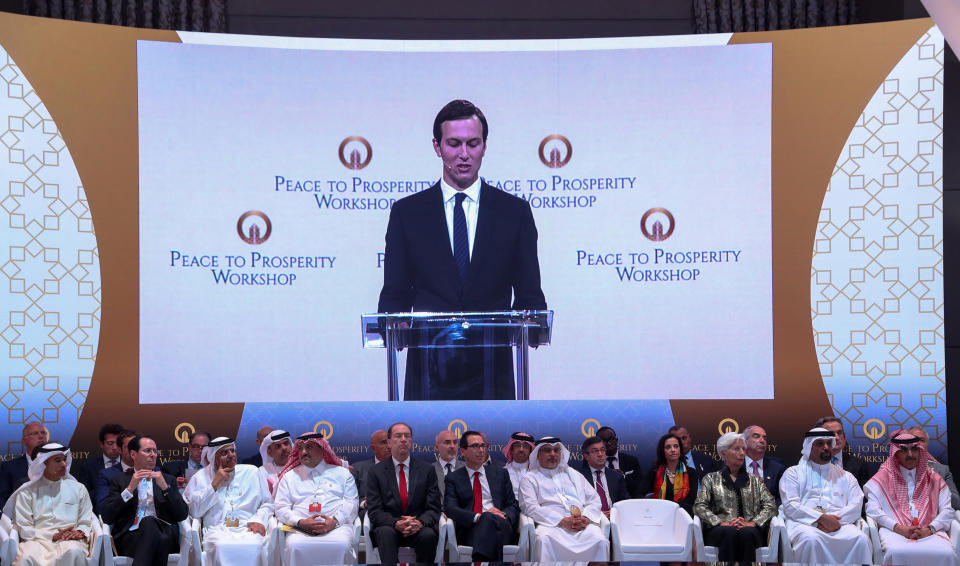 FILE PHOTO: White House senior adviser Jared Kushner speaks at the "Peace to Prosperity" conference in Manama