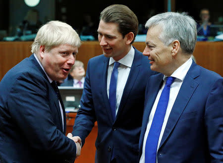 Britain's Foreign Secretary Boris Johnson (L), Austria's Foreign Minister Sebastian Kurz (C), and Belgium's Foreign Minister Didier Reynders attend a European Union foreign ministers meeting in Brussels, Belgium November 14, 2016. REUTERS/Yves Herman