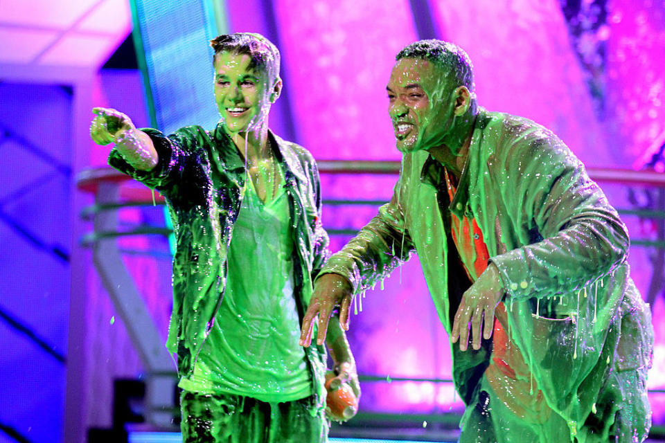 Justin Bieber and Will Smith after being slimed