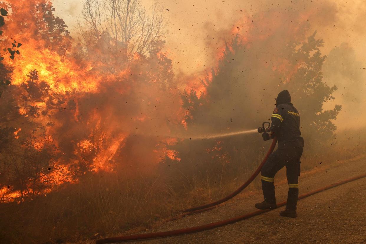 <span>A firefighter tries to extinguish a wildfire in Evros, Greece, on 31 August 2023.</span><span>Photograph: Ayhan Mehmet/Anadolu via Getty Images</span>
