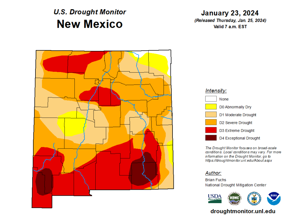 The U.S. Drought Monitor for New Mexico as of Jan. 23, 2024.