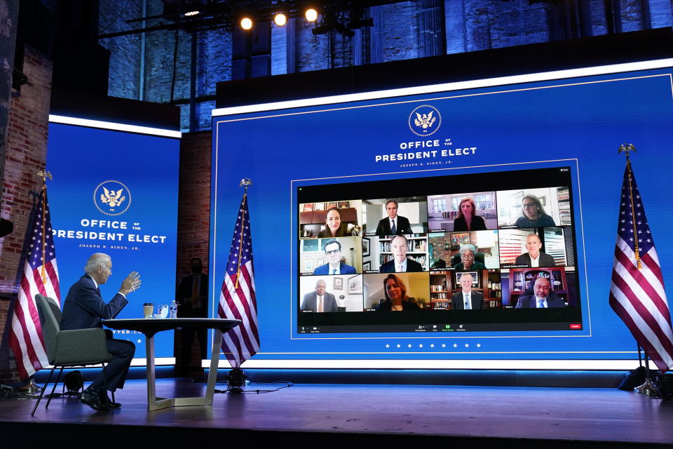 FILE - In this Nov. 17, 2020, file photo President-elect Joe Biden attends a national security briefing at The Queen theater in Wilmington, Del. (AP Photo/Andrew Harnik, File)