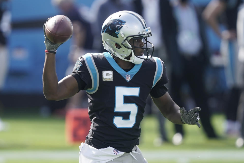 Carolina Panthers quarterback Teddy Bridgewater (5) works against the Tampa Bay Buccaneers during the first half of an NFL football game, Sunday, Nov. 15, 2020, in Charlotte , N.C. (AP Photo/Gerry Broome)