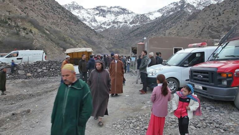 An image grab from a video broadcast by Moroccan news channel KECH24 on December 18, 2018 shows people at the site where the bodies of two murdered Scandinavian tourists were found in the High Atlas mountains