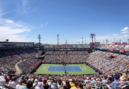 Aug 11, 2018; Montreal, Quebec, Canada; General view of the Stage IGA main court as Ashleigh Barty of Australia (left) plays against Simona Halep of Romania (right) during the Rogers Cup tennis tournament. Mandatory Credit: Jean-Yves Ahern-USA TODAY Sports