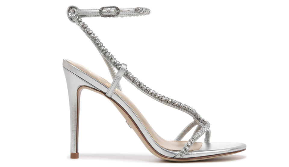 Sam Edelman, heels, high heels, sandals, heeled sandals, silver sandals, metallic sandals, shiny sandals, crystal sandals, sparkly sandals