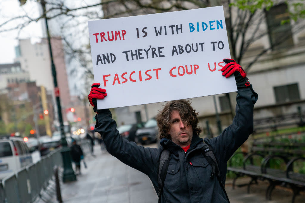 Max Azzarello is seen here protesting outside of the Manhattan courthouse where Trump's hush-money trial is underway on April 18, 2024, the day before he set himself alight.<span class="copyright">David Dee Delgado—Getty Images</span>