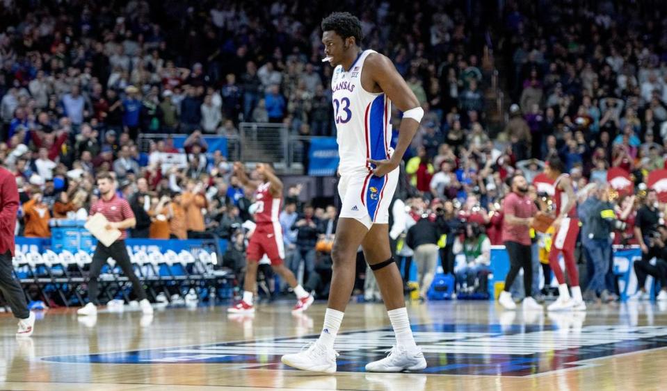 Kansas center Ernest Udeh Jr. (23) walks off the court after losing 72-71 to Arkansas in a second-round college basketball game in the NCAA Tournament Saturday, March 18, 2023, in Des Moines, Iowa.